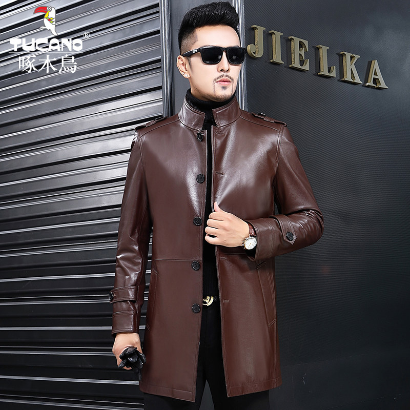 Woodpecker Haining leather jacket autumn leather windbreaker men's mink fur stand collar top layer cowhide mid-length coat