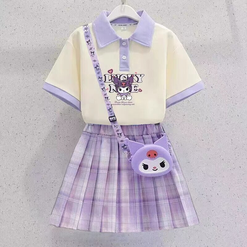 Kuromi Skirt Suit for Girls, New Summer Style, Kidsren's Polo Shirt, Pleated Skirt, Girl's Short-Sleeved Jk Suit, Two-Piece Set