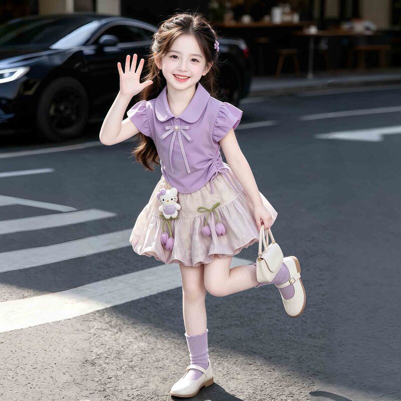 Girls' Summer Outfit 2026 New Style for Young Girls, Sweet and Stylish Flutter-Sleeve Top and Bloomers Two-Piece Set