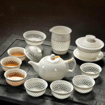 Set white porcelain kung fu teapot tea cup tea set Cover bowl hollow honeycomb exquisite simple ceramic household tea gift box