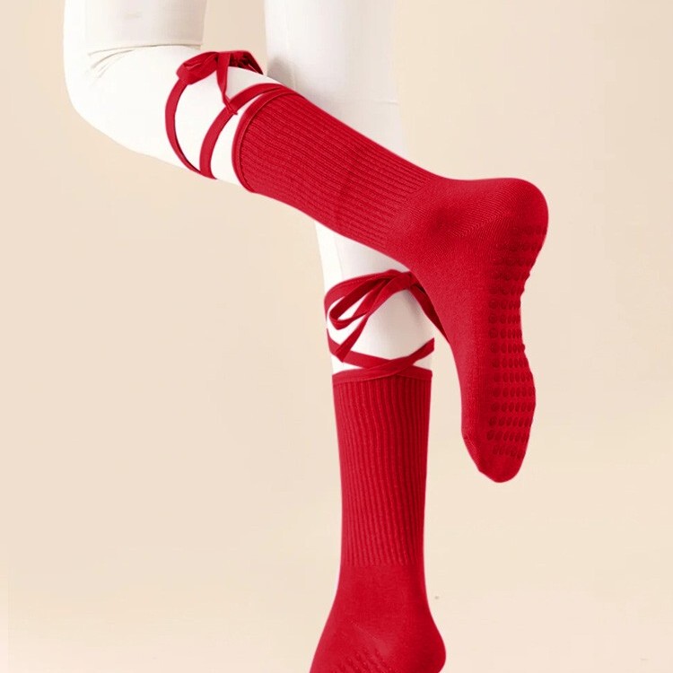 Dopamine-Colored Yoga Socks for Women, Professional Pilates Non-Slip Mid-Calf High-Elasticity with Straps, Sweat-Absorbent Indoor Fitness Socks