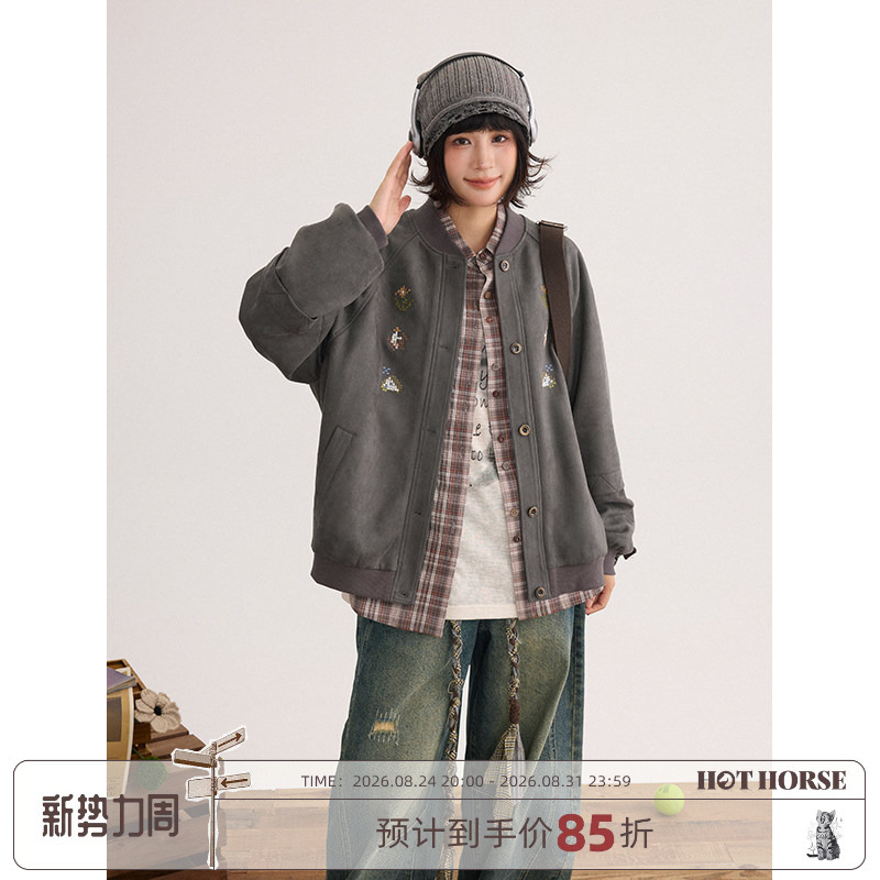 Hothorse Volcano Horse Retro Original Suede Year of the Horse Mosaic Embroidery Raglan Sleeve Baseball Jacket Spring