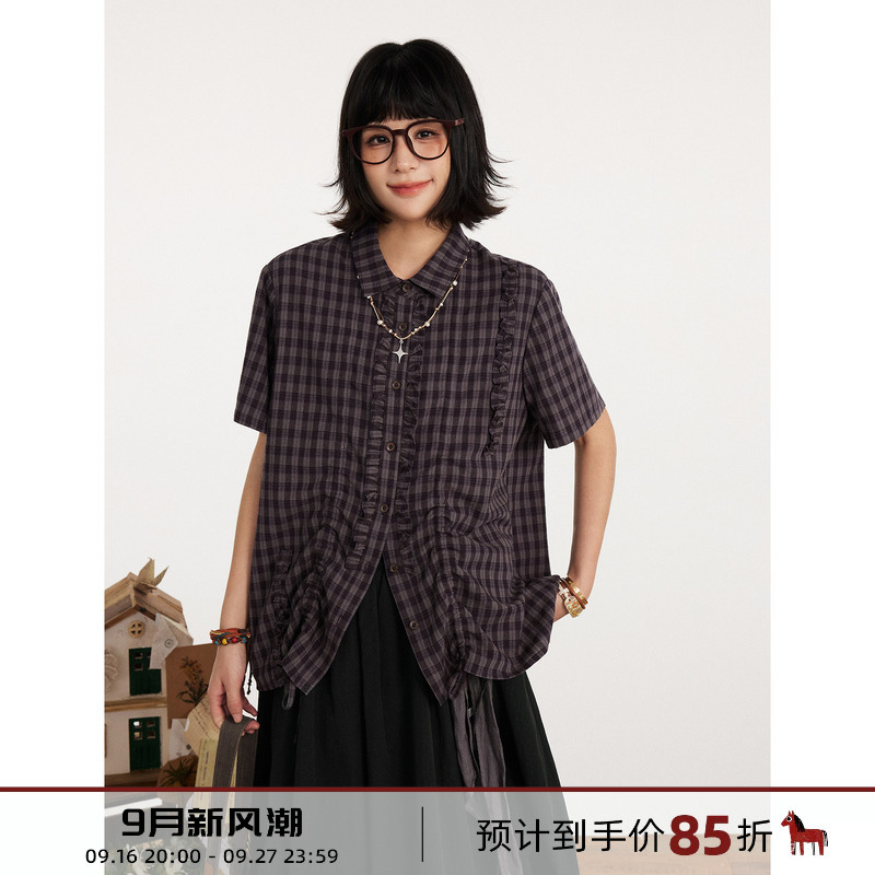 Volcano Horse Hothorse Slightly Dropped Shoulder Loose Breathable Pure Cotton Plaid Ruffled Vintage Versatile Short-Sleeve Shirt