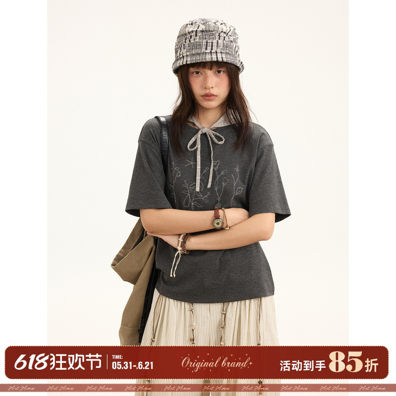 Hothorse Volcano Horse Casual Retro Random Stitch Embroidery Bamboo Cotton Short Off-Shoulder Short-Sleeve T-Shirt for Summer