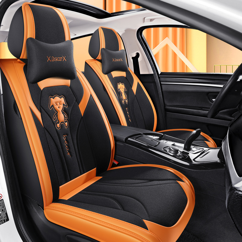 Cartoon Car Seat Cushion, Fully Enclosed, Suitable for All Seasons, Linen Seat Cover, Cotton and Linen Fabric, Nappa Leather Seat Cushion, Summer Seat Cover