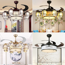 New Chinese style fan light Living room Dining room Antique fabric invisible ceiling fan light Household modern simple with fan chandelier