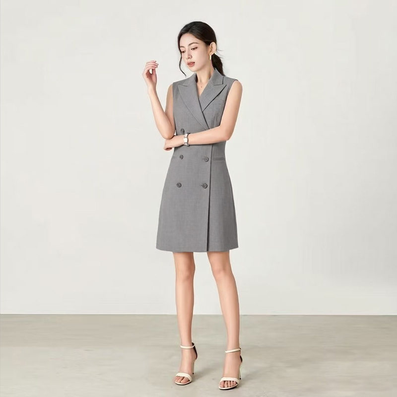 Summer Thin Gray Sleeveless Suit Dress for Women, Professional Style, Suitable for Work, Double-Breasted Vest Dress