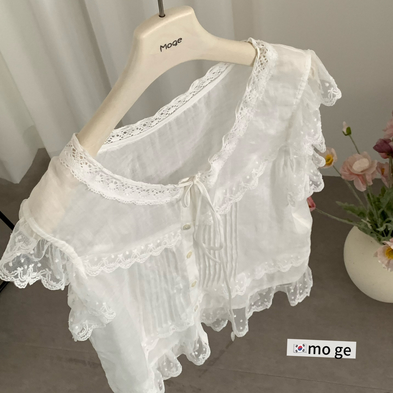 Moge Genuine Product! Korean-Style Lace Patchwork Lace-Up Heavy-Duty Blouse with a Full Atmosphere~ Blouse 26629