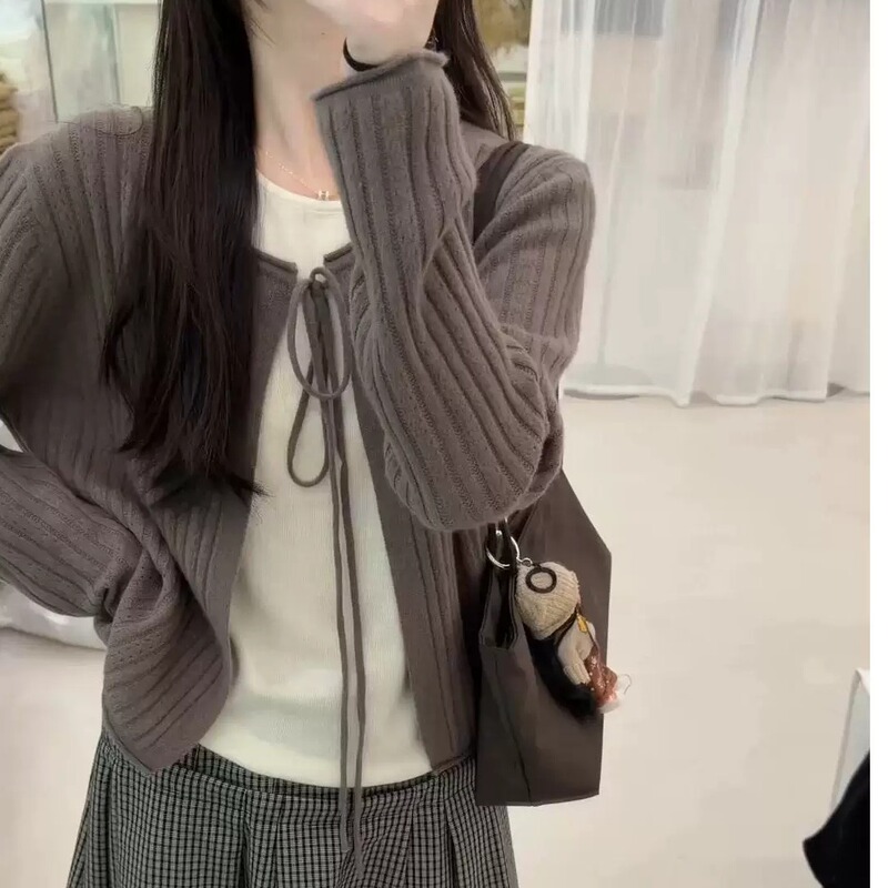 【Amidi Stall Authentic】Lace-Up Round Neck Knitted Cardigan + Sleeveless Knitted Vest Set Two-Piece Set 【Amidi Stall Authentic】Lace-Up Round Neck Knitted Cardigan + Sleeveless Knitted Vest Set Two-Piece Set