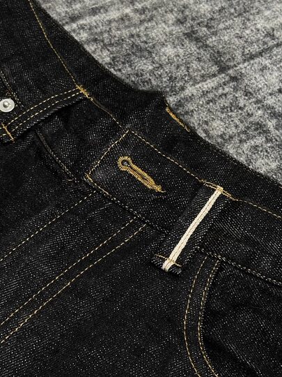 BlankMap black 14.5oz red eared narrow width raw cow straight wide leg loose A-line denim trousers for men