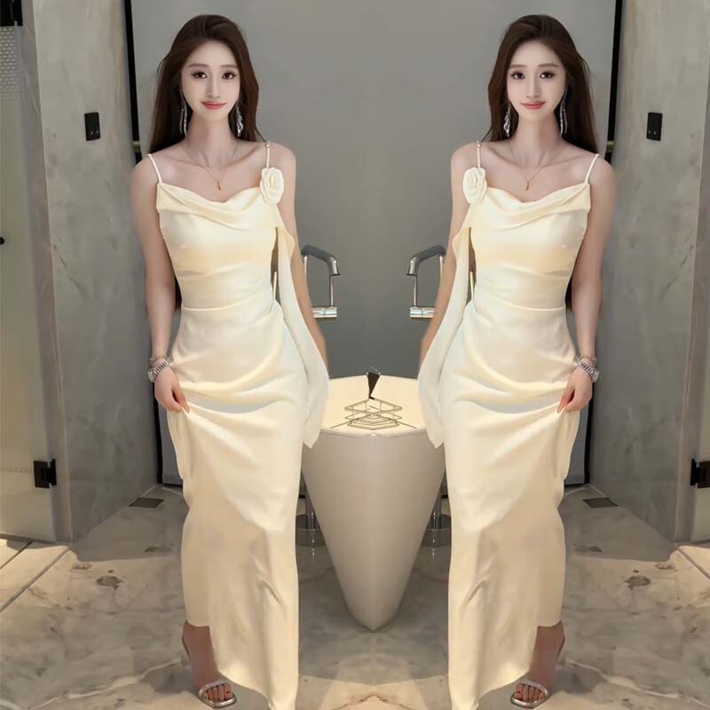 2025 New Summer Style French Style Accessible Luxury High-End Stereo Rose Pinch Waist Sexy Suspender Dress for Women 2025 New Summer Style French Style Accessible Luxury High-End Stereo Rose Pinch Waist Sexy Suspender Dress for Women