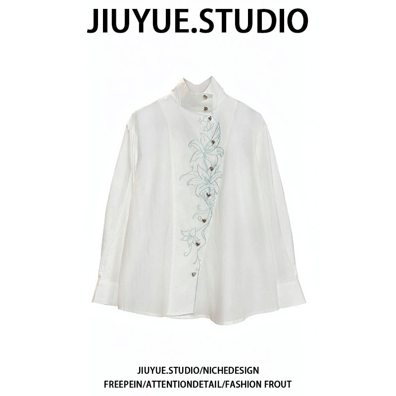 Jiuyue New Chinese-Style Diagonal Placket Lily Embroidery White Retro High-Neck Loose Shirt for Women