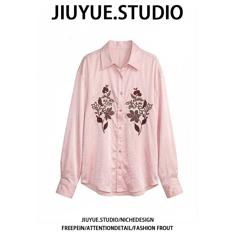 Jiuyue "Moonlight and Poetry" Shimmering Pink Satin Texture Three-Dimensional Embroidery Loose Long-Sleeved Shirt