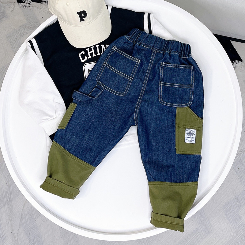 Day Ensemble Boy Collage Jeans 2022 Spring New Children Cool Handsome Casual Work Clothes Splicing Long Pants Tide