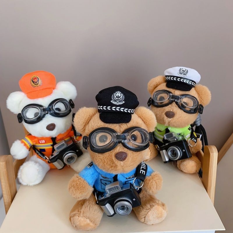 Internet Celebrity Cute Traffic Police Bear Plush Toy Bag Pendant Keychain Cartoon Camera Internet Celebrity Teddy Bear Plush Toy