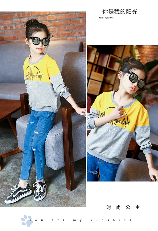 Áo thun dài tay cho bé gái, các mẫu cotton mùa xuân và mùa thu, áo kiểu dáng rộng mùa thu nước ngoài trẻ em, quần áo trẻ em, áo kiểu Hàn Quốc - Áo thun