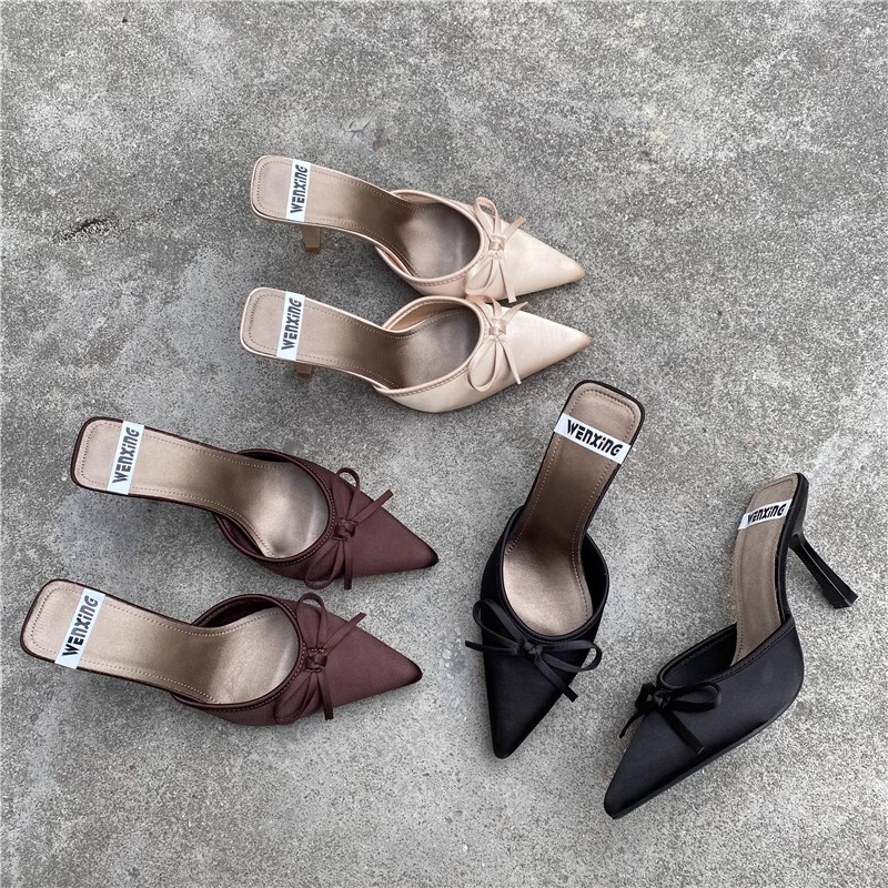 Foreign Trade Large Size Shoes, Pointed Toe Half Slippers, Summer Bow-Knot Sandals, Women's Shoes, High Heels, Stiletto Heels, Mules