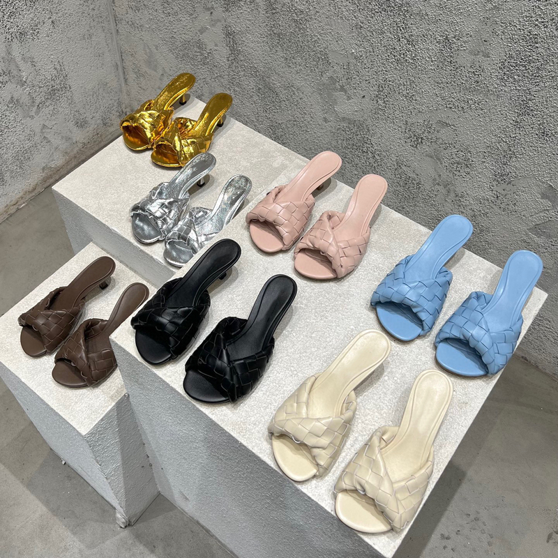 Nice Correct Version! Woven Diamond-Pattern High-Heeled Shoes with Round Toe and Open Toe, Slip-On Sandals for Women, Suitable for Outdoor Wear and Beach Use