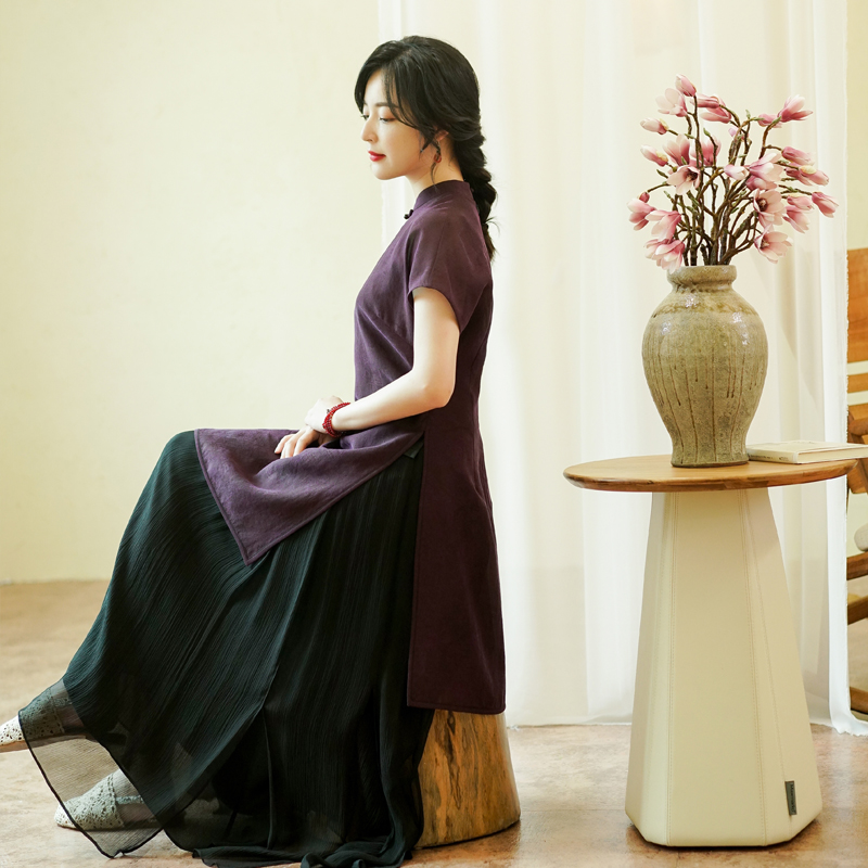 Zhu's Original (Qingshan Hidden) Sauce Yarn Fragrant Cloud Yarn Mid-Length Version Chinese Top Women's Disc Button Short Sleeves Loose Literary Art