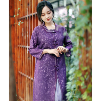 Zhus Original (A Dream Purple Gold) Gin and Genuine Silk Satin Chinese Coat Mids Long Dress Spring Autumn