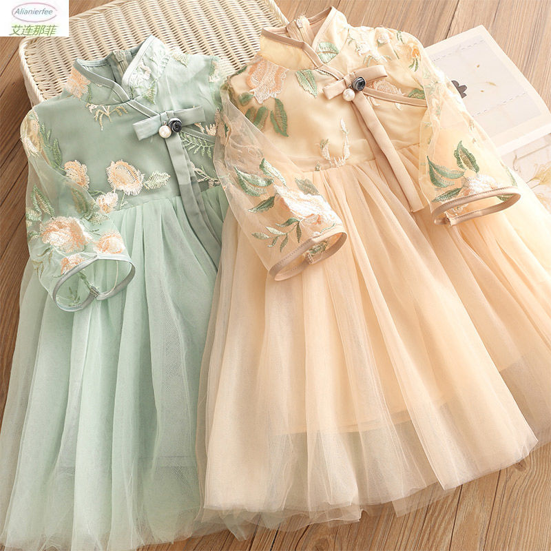 Children's retro princess dress baby cheongsam gauze skirt 2022 spring and autumn new girls' children's clothing a-line skirt mesh embroidery