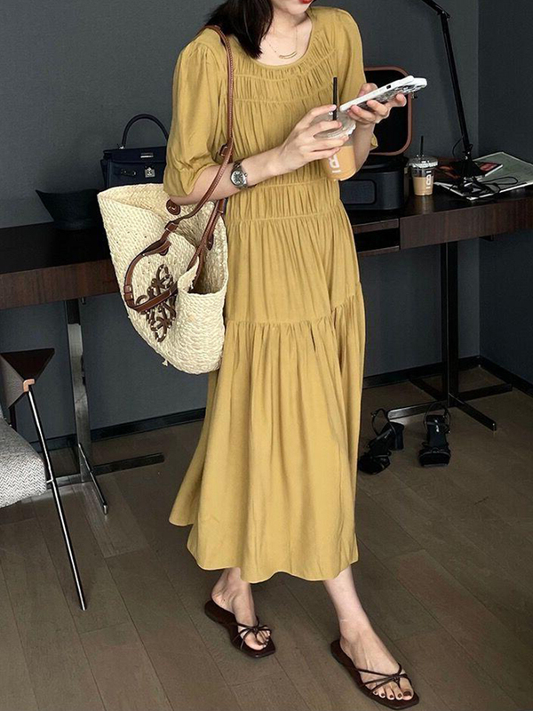 2025 Spring and Summer New Style Puff-Sleeved Tencel Dress with Pleated Waist and Slimming French-Style Mid-Length Skirt for Women 2025 Spring and Summer New Style Puff-Sleeved Tencel Dress with Pleated Waist and Slimming French-Style Mid-Length Skirt for Women