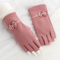 Half-finger glove female autumn drive traveling students without fingers thickened with velvet and warm finger gloves