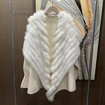 Women's fox fur sweater with large lapel, long front and short back