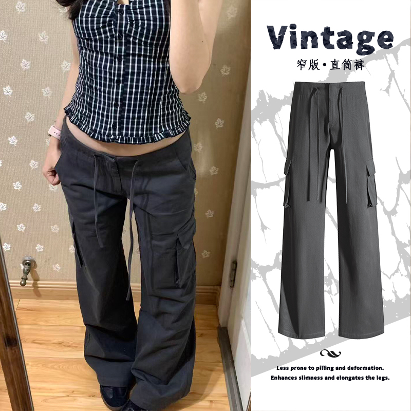 American Retro Gray Drawstring Straight-Leg Cargo Pants for Women 2026 Summer New Functional Pure Cotton Low-Waist Casual Pants American Retro Gray Drawstring Straight-Leg Cargo Pants for Women 2026 Summer New Functional Pure Cotton Low-Waist Casual Pants