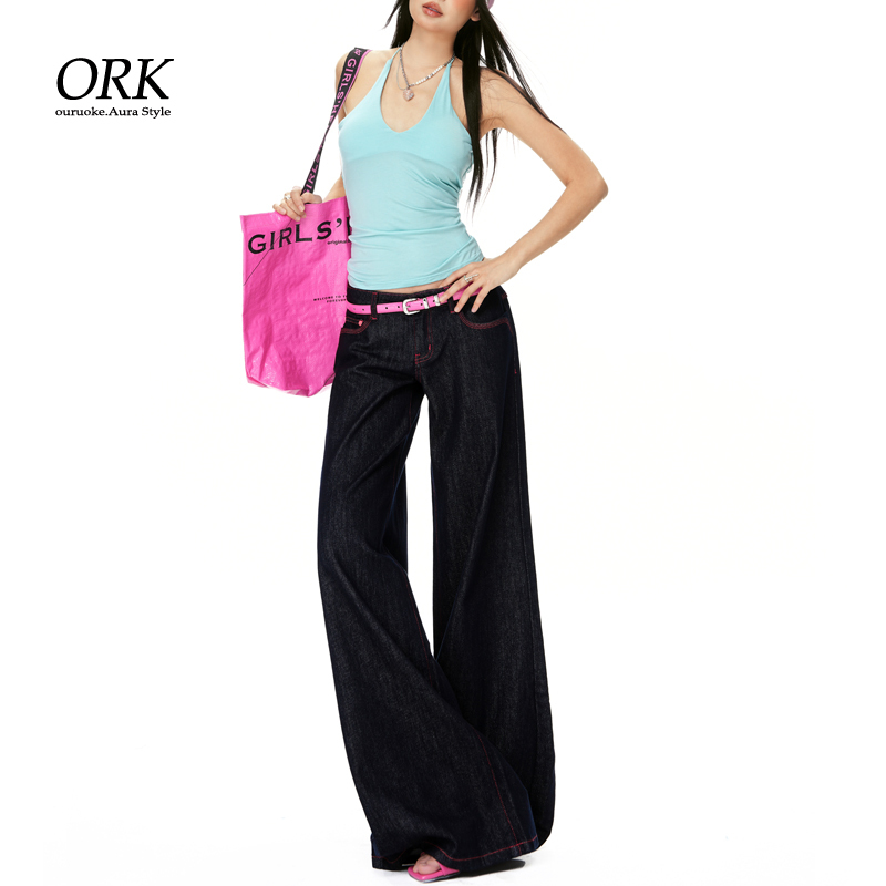 Vintage Color-Block Wide-Leg Jeans for Women, Summer Original Denim Color, Stylish Low-Waist Loose Fit with a Slight Flare