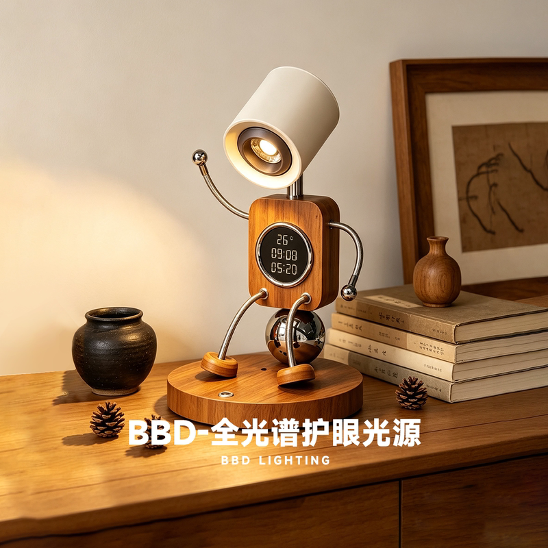 Robot Clock Table Lamp Bedroom Bedside Vintage Solid Wood Desktop Fun Ornament Eye Protection Figurine Wooden Lighting Robot Clock Table Lamp Bedroom Bedside Vintage Solid Wood Desktop Fun Ornament Eye Protection Figurine Wooden Lighting