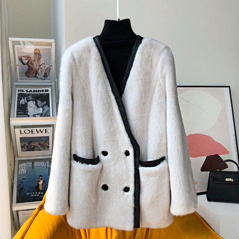 2021 Winter Henning new imported ferret fur coat V collar mink fur coat woman fashion medium long version of mink