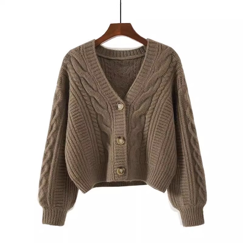 New Autumn and Winter Thickened Loose Cable Knit V-Neck Gentle Sweater Women's Cardigan Short Knitwear Casual Outerwear
