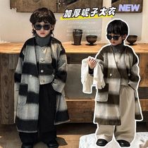 Boys woolen coats autumn and winter 2024 new style small and medium-sized childrens plus velvet thickened childrens medium and long coats trendy