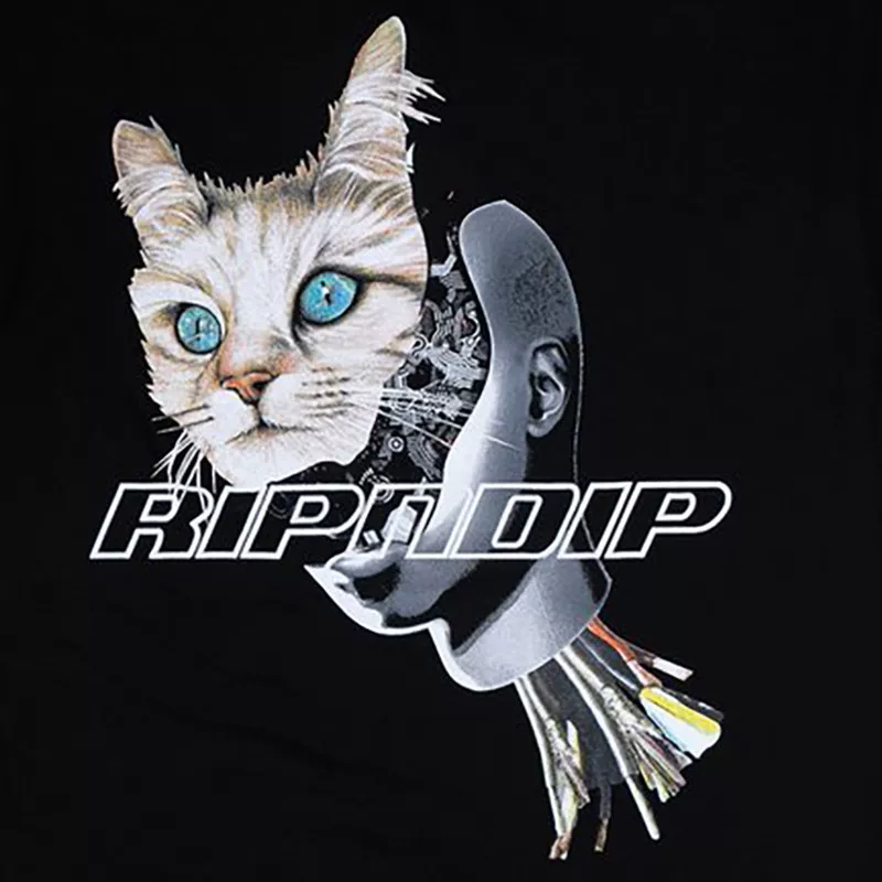 Американский трендовый бренд RIPNDIP сардельная котик средний палец коротким рукавом футболка-подделка киберпанковский кот киборг кот киборг в том же стиле для мужчин и женщин