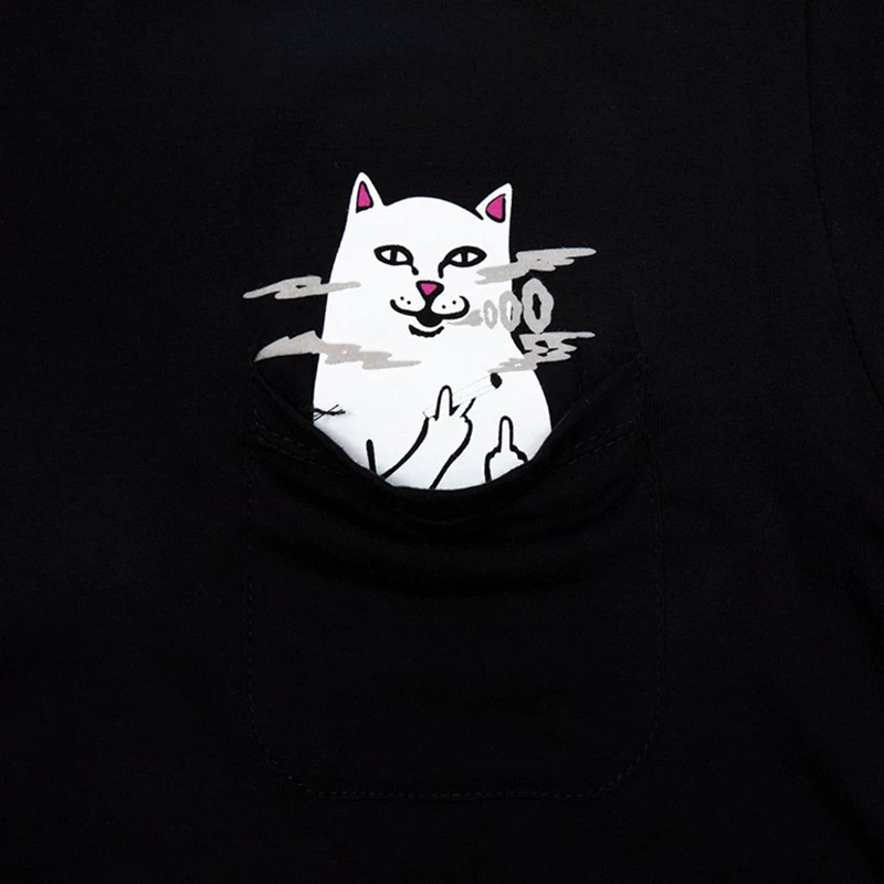 Американский модный бренд RIPNDIP с кошкой на среднем пальце, кошка на короткой майке с карманом для курения, пара кошек