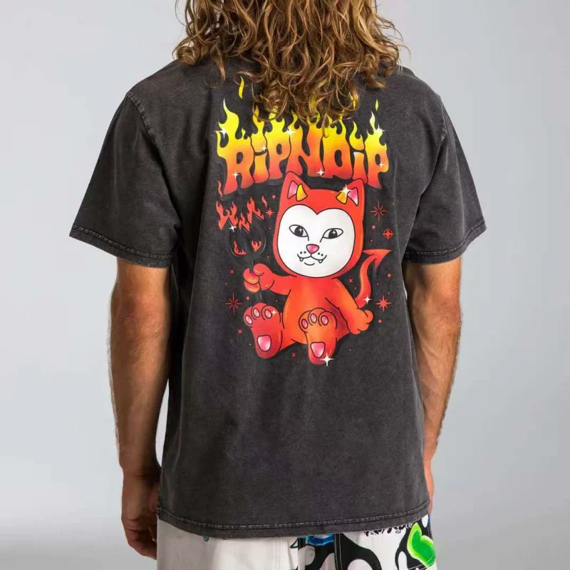 Американский модный бренд RIPNDIP мидл-фингер кот, телёнок демон пламя буква кота 100% хлопок футболка с короткими рукавами