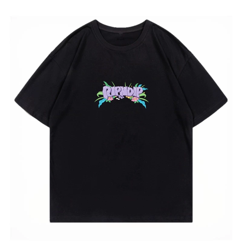 Американский модный бренд RIPNDIP, кот с поднятым средним пальцем, хлопковая футболка с короткими рукавами, сад, загадочная чёрная кошка, забавная мультфильмовая повседневная