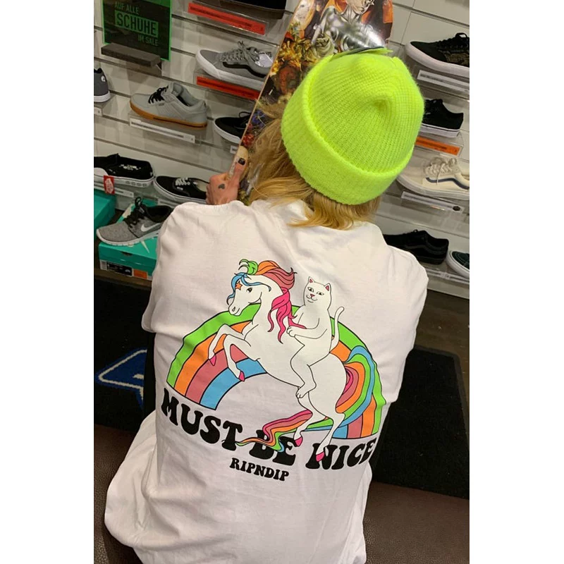 Американский модный бренд RIPNDIP базовый кот, футболка с короткими рукавами, средний палец, кот-под карманом, радужный единорог, простой принт, хлопок, модный бренд