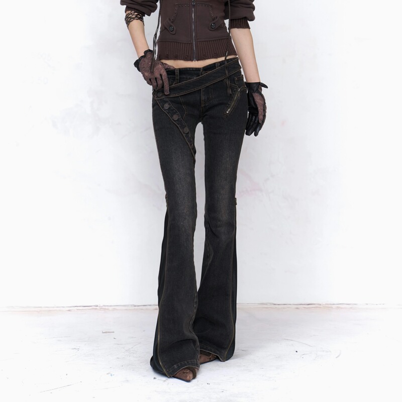 Floirds Market Two-Way Wear Deconstructed Washed Heavy-Duty Stretch Zipper Retro Denim Flared Low-Rise Pants