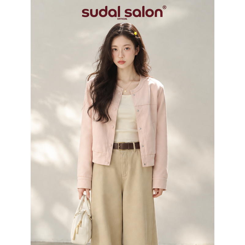 Light Pink Short Jacket with Snap Buttons, Stand Collar, Loose Fit, Long Sleeves, Women's Autumn and Winter New Style Light Pink Short Jacket with Snap Buttons, Stand Collar, Loose Fit, Long Sleeves, Women's Autumn and Winter New Style