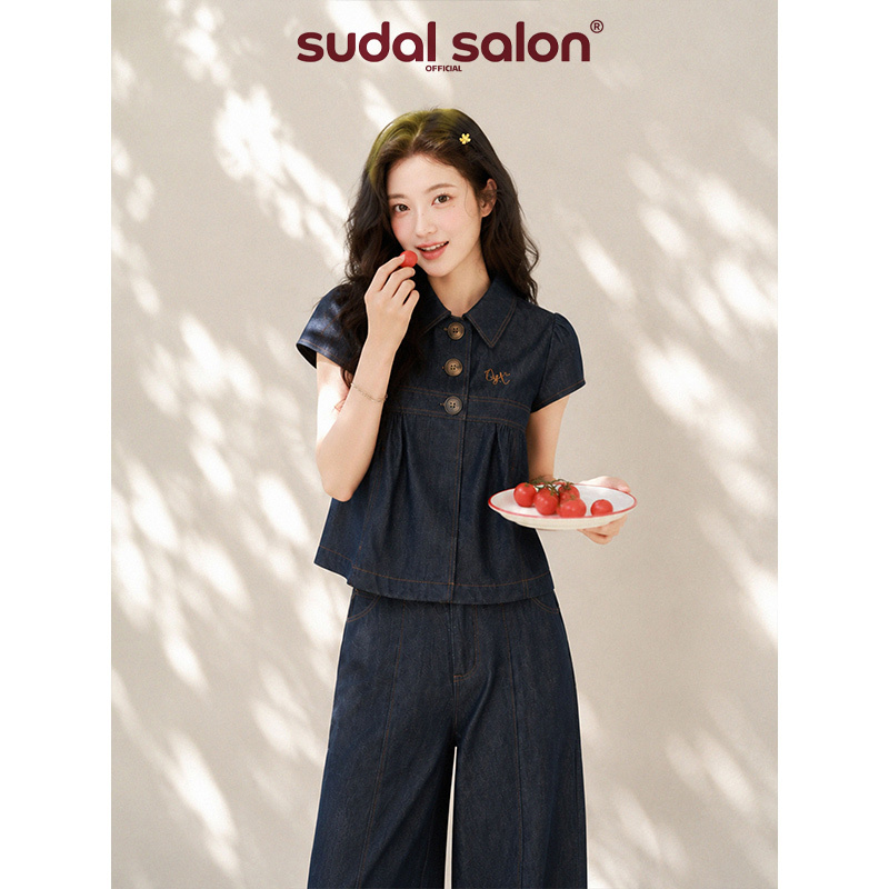 "Flower of Youth" Imitation Denim Shirt Top for Women + Imitation Denim Straight-Leg Casual Wide-Leg Pants Set for Summer Women