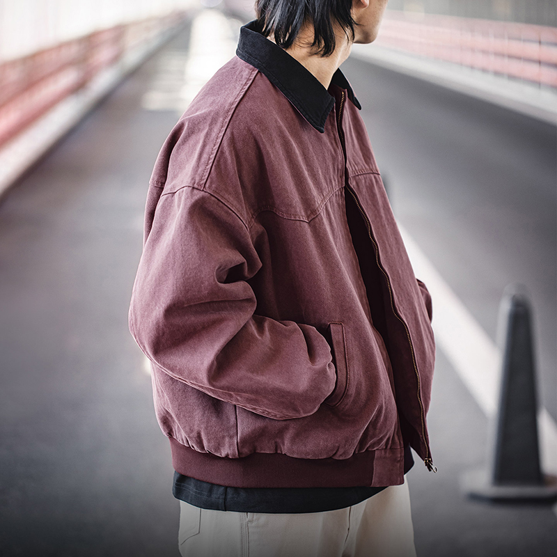Mra Men's Clothing American-Style Burgundy Heavy Santa Fe Canvas Jacket with Turn-Down Collar, Short Wide Boxy Workwear Spring Coat