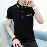Áo thun nam tay ngắn màu đen Kiểu áo liền thân màu sắc POLO Áo sơ mi nam mùa hè Cotton Slim Tide áo thun Thanh niên mùa hè áo kẻ nam