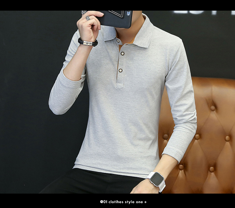 Qiuyi nam mới màu rắn áo thun dài tay cotton áo sơ mi cộc tay Áo thun mỏng thanh niên Paul từ bi mỏng áo khoác polo
