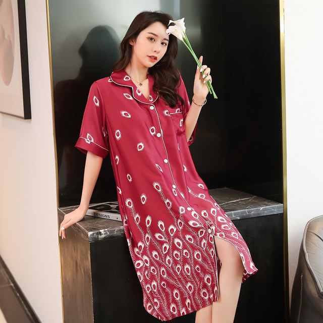 Pajamas for women summer silk short-sleeved nightgown plus size fat MM 200 pounds sexy ice silk silk ເສື້ອບາງສ່ວນສໍາລັບແມ່ຍິງຖືພາ