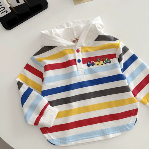 Японская детская одежда ~ весенние и осенние толстовки с капюшоном из чистого хлопка для мальчиков и девочек, детские разноцветные полосатые топы в западном стиле, модный стиль.