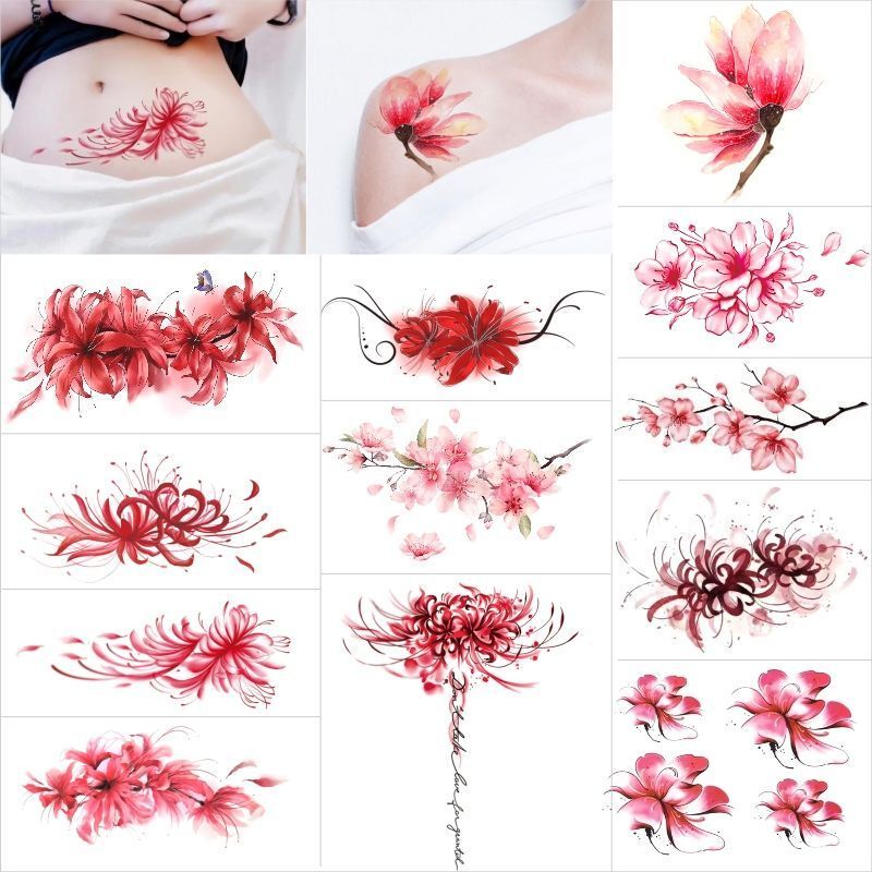 Tattoo Stickers Are Waterproof, Long-Lasting, Personalized, with the Design of Spider Lily, Cherry Blossoms, Fresh and Sexy, Suitable for Collarbone and Ankle