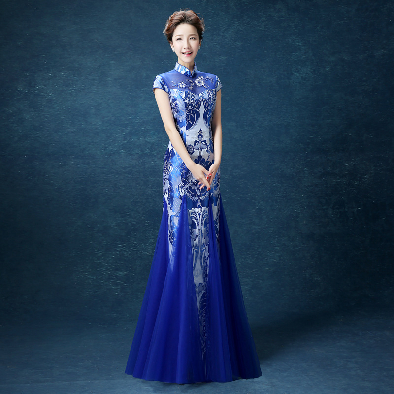 Elegant Blue and White Porcelain Cheongsam Dress for Women, 2024 New Long Slim-Fit Host Evening Gown Performance Modified Cheongsam Dress for Women