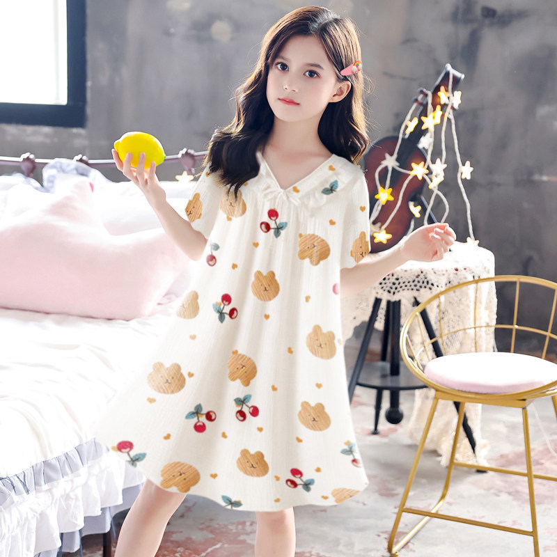 Girls nightgown summer short-sleeved cotton gauze pajamas thin sweet and cute student spring and summer loose home clothes bear